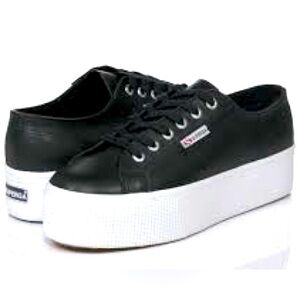 Superga Platform Black Leather Sneaker Size 8.5 or 41 1/2 EU